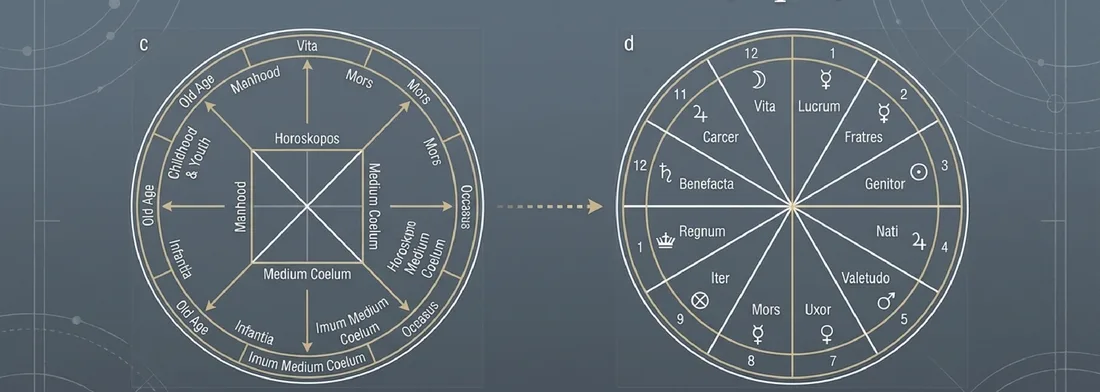 Illustration depicting the division of astrological houses according to the Placidus system.